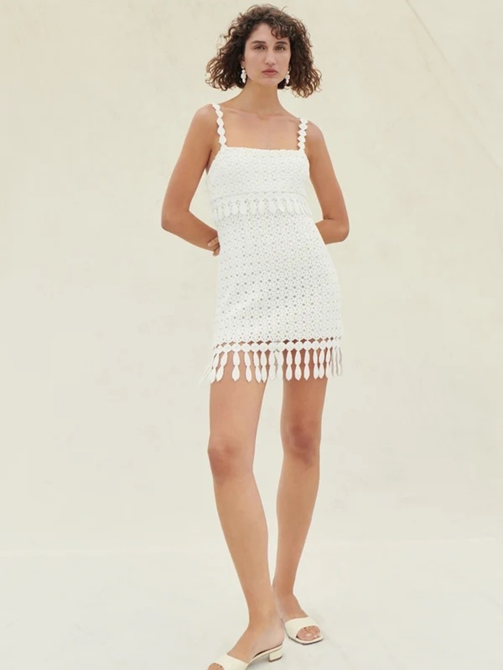SAYLOR White Crochet Mini Dress with Tassel Hem Size S